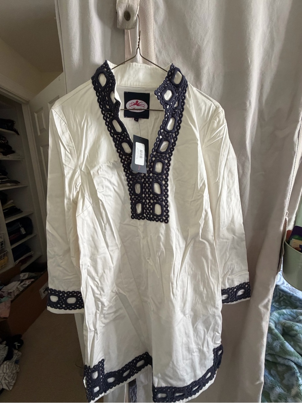 Monelle Cream Tunic Dress with Navy Crochet Trim
